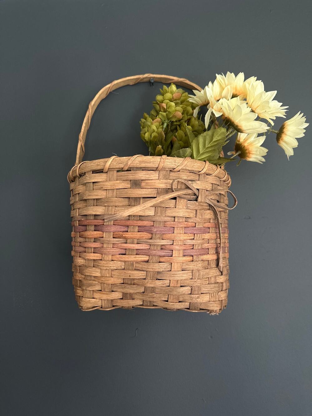Vintage Handwoven Splint Wall Basket with Bow Cottagecore Farmhouse Decor